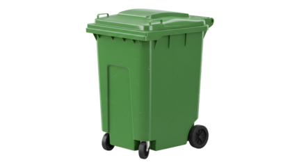 Green plastic outdoor trash bin with wheels isolated on white background, waste management container, perfect for recycling and sanitation services