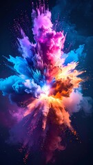 A vibrant explosion of colorful smoke billows against a deep black background, showcasing swirling hues of blue, pink, yellow, and green in dynamic patterns.