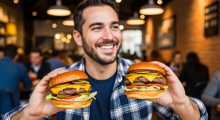 Happy man holding two delicious cheeseburgers smiling ready to eat lunch at a restaurant