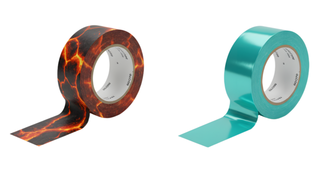 Two rolls of adhesive tape with one featuring a lava pattern and the other a solid teal color, isolated on white background, perfect for crafting and repair projects