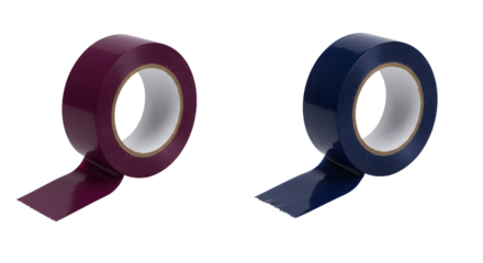 Two rolls of colored adhesive tape, burgundy and navy blue, isolated on white background for crafting and packaging uses