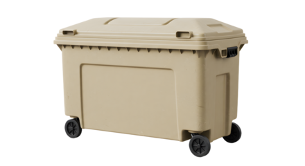 Large beige plastic wheelie bin for waste collection with lid and four wheels isolated on white background, perfect for industrial or commercial use