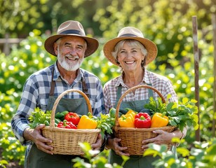 A senior couple holding baskets filled with fresh vegetables in a vegetable garden