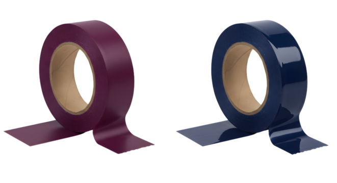 Two rolls of colored tape, maroon and blue, isolated on white background perfect for office, crafting, and packaging projects