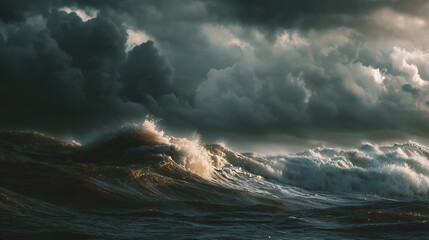 Stormy sea with dark clouds and crashing waves