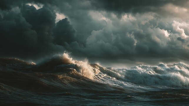 Stormy sea with dark clouds and crashing waves