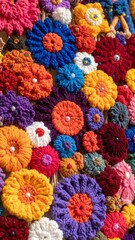 A vibrant display of colorful crochets meticulously arranged in neat rows on a rustic wooden table, showcasing intricate patterns and textures.