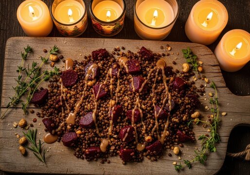 Photo of a rustic and hearty lentil and beet salad served on a wooden board, garnished with fresh herbs and drizzled with a creamy sauce, illuminated by the warm glow of candlelight
