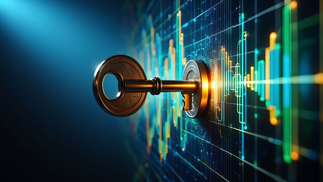 Golden key unlocking a digital stock market chart technology access