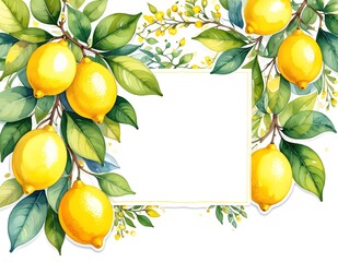 Fresh, vibrant lemons with glossy skin, nestled among lush green leaves and delicate branches, set against a clean white background for a bright, natural look.