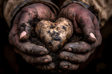 Obraz premium A heartshaped potato, caked in mud, rests in the weathered hands of a farmer, representing dedication to the land