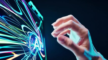 Technology concept showing AI data processing with hand touching digital holographic interface. - Powered by Adobe