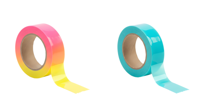 Rolls of colorful adhesive tape in gradient pink-yellow and solid blue colors isolated on white background, perfect for crafts and office use - Powered by Adobe