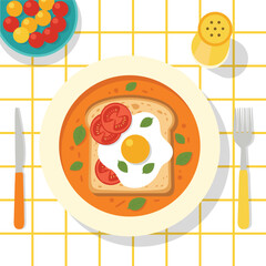 Overhead shot of a breakfast scene with a plate of toast topped with a fried egg tomato slices