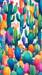 A vibrant seamless vector pattern featuring various cacti in different shapes and sizes, set against a soft pastel background, perfect for textiles.