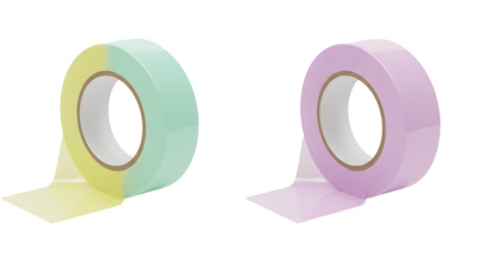 Two pastel colored adhesive tape rolls, one mint green and one lavender, isolated on white background, perfect for crafts and scrapbooking