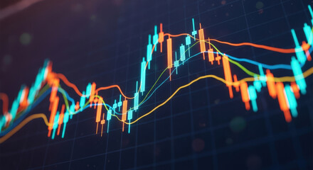 Abstract Financial Chart with Candlestick Pattern and Moving Averages for Stock Market Analysis and Investment Strategy Visualization on Dark Background