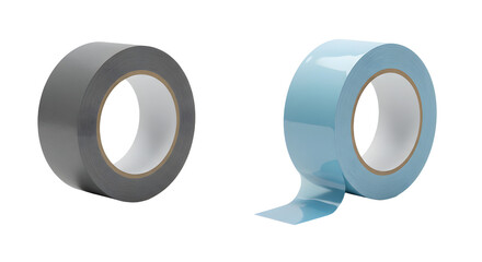 Two rolls of adhesive tape, one gray and one blue, isolated on a white background, perfect for packaging and DIY projects