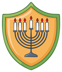 Seven branched menorah with lit candles inside a decorative shield emblem