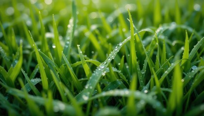 Close-up of dew drops on vibrant green grass blades in sunlight.