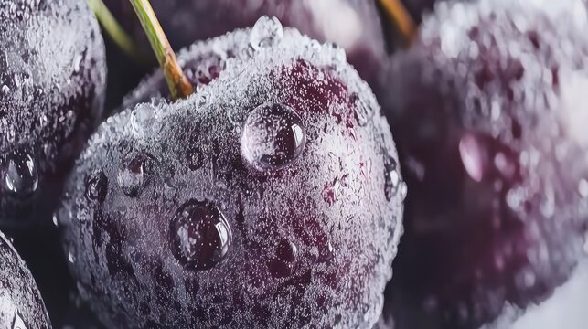 Close-up of frozen cherries with ice crystals and water droplets.