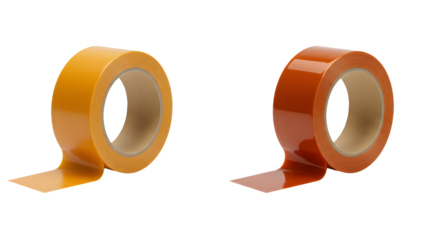 Two rolls of colored adhesive tape in yellow and orange isolated on white background, perfect for crafts and office use