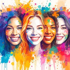 Three girls joyfully pose together, their faces adorned with vibrant splashes of paint in various colors, showcasing their artistic creativity and fun spirit.
