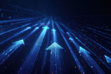 Digital abstract featuring glowing blue arrows ascending into the darkness, suggesting growth