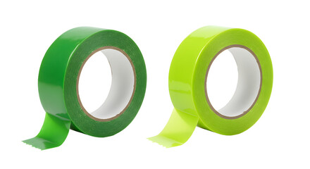 Two rolls of green and yellow adhesive tape isolated on white background, perfect for crafts and office use