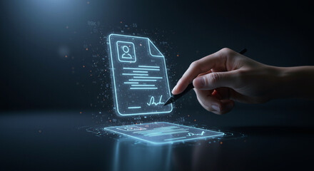 A hand uses a stylus to electronically sign a glowing, futuristic digital contract on a virtual interface.