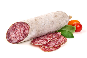 Salami Sausage Slices, Tomatoes, Basil, isolated on white background