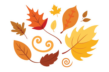 Autumn Leaves and Swirls in Warm Colors on a White Background