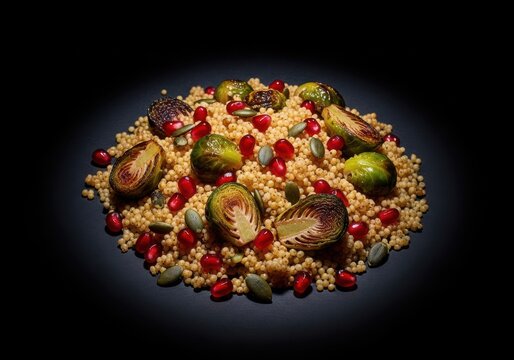 Photo of a gourmet couscous salad with roasted brussels sprouts, pomegranate seeds, and pumpkin seeds, artfully arranged on a dark background, offering a sophisticated and flavorful dish