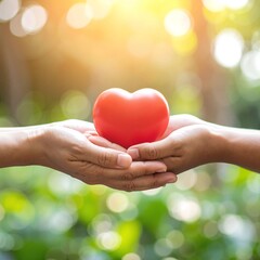 A close-up of two hands gently cradling a vibrant red heart, symbolizing love and compassion, against a soft, blurred background.