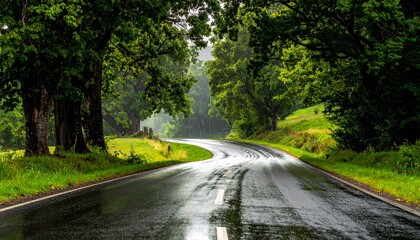A serene journey down a wet,winding country road, disappearing into a lush green forest after a refreshing rain shower