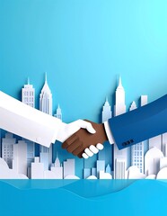 A close-up of two diverse hands shaking firmly, set against a vibrant cityscape backdrop featuring skyscrapers, blue skies, and bustling streets.