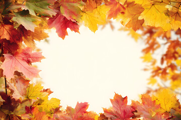 A bright and airy frame composed of diverse autumn maple leaves in warm hues of red, orange, and yellow, surrounding a clean white space for text or design