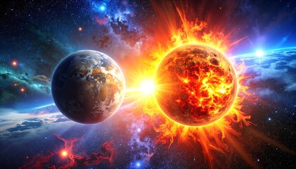 A vibrant sky showcases two distinct planets, glowing softly amidst a backdrop of twinkling stars, illuminated by a radiant sun casting warm light.
