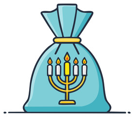Blue gift bag with golden menorah and lit candles symbolizing Hanukkah celebration