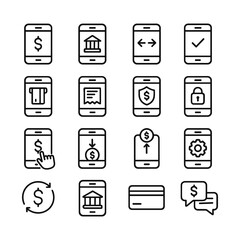 Mobile banking vector icons collection. Outline symbols. Line design
