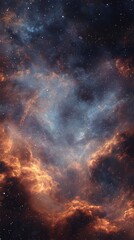 Obraz premium Realistic outer space storm background, scientifically accurate nebula clouds with plasma bursts, authentic star field and galactic core, high-resolution astrophotography style, natural cosmic colors.