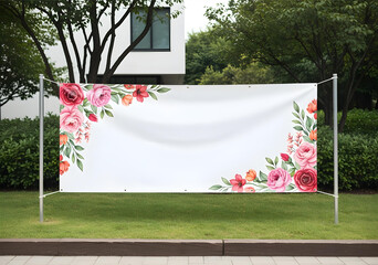 Elegant floral banner mockup with watercolor flower decoration, blank white background for wedding, event, celebration or personalized announcement design