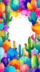 A vibrant watercolor background featuring various cacti in shades of green and earthy tones, providing ample space for personalized text or messages.
