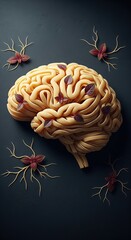Creative pasta sculpture shaped like a human brain adorned with leaves on a dark background