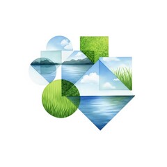 Different shapes display peaceful landscapes with water, grass, and skies in vibrant colors, showcasing nature's beauty and harmony