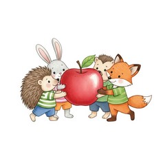 Four cartoon animals work together to hold a large red apple in a colorful and playful scene