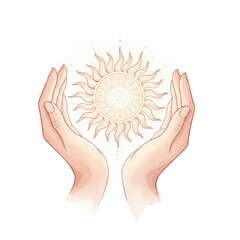 Hands holding a sun symbol representing energy, warmth, and life in a creative illustration