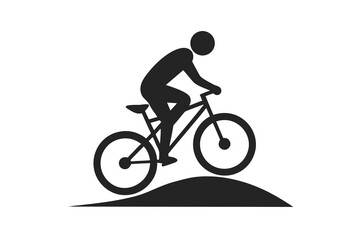 Black Silhouette of Person Riding Mountain Bike Over Hill, Isolated on White Background
