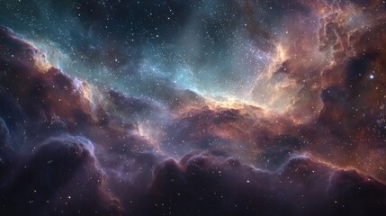 Fototapeta premium Realistic outer space storm background, scientifically accurate nebula clouds with plasma bursts, authentic star field and galactic core, high-resolution astrophotography style, natural cosmic colors.