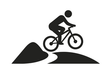 Black Silhouette of Mountain Biker Riding Downhill Over a Trail on White Background